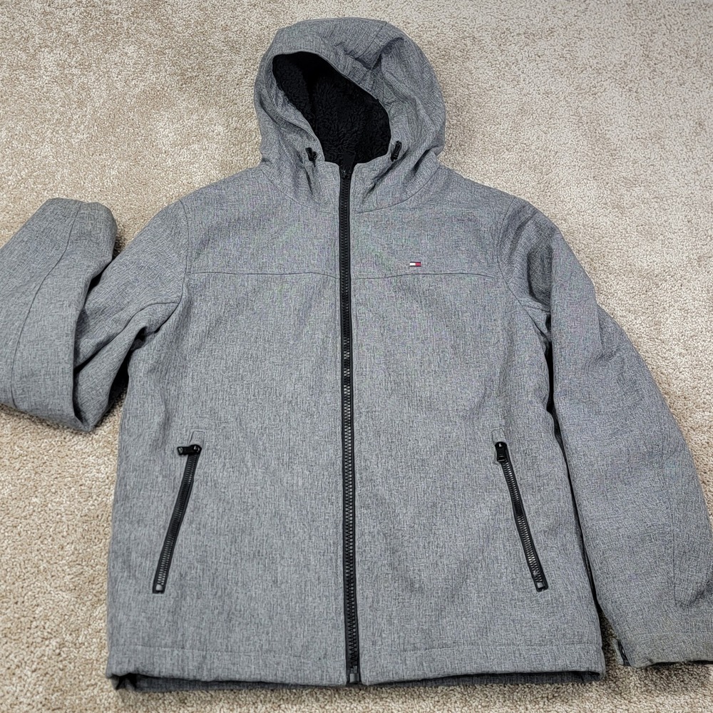 Tommy Hilfiger Mens Gray Soft Shell Hooded Heavy Jacket Full Zip Small Coat